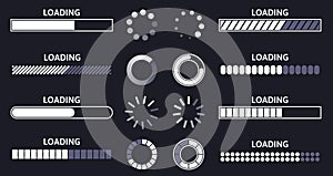 Load indicator. Loading status bar, round buffer download progress and line upload or file transfer waiting bars vector