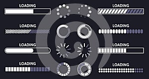Load indicator. Loading status bar, round buffer download progress and line upload or file transfer waiting bars vector symbols