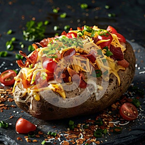 Loaded baked potato with cheese and tomatoes