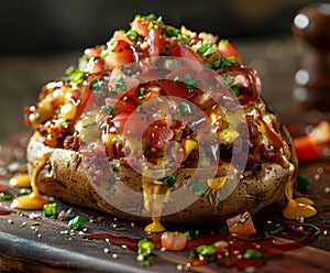 Loaded baked potato on cutting board