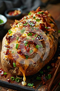 Loaded baked potato on cutting board