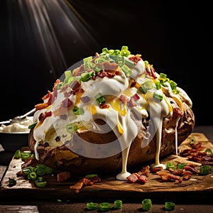 loaded baked potato, piled high with sour cream, bacon bits, chives, and melted cheese by AI generated