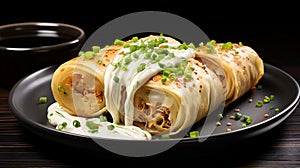 Loaded Baked Potato Spring Rolls, stuffed with mashed potatoes, meat, cheese with sour cream dip
