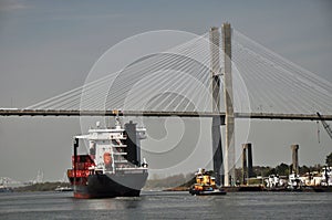 A loaded cargo ship on the River Savannah.