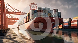 A loaded container cargo ship is seen in the front as docked at the port