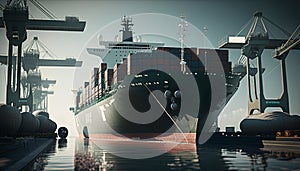 A loaded container cargo ship is seen in the front as docked at the port. Generative AI