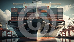 A loaded container cargo ship is seen in the front as docked at the port. Generative AI