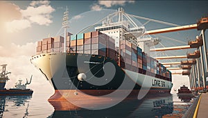 A loaded container cargo ship is seen in the front as docked at the port. Generative AI