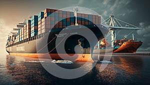 A loaded container cargo ship is seen in the front as docked at the port. Generative AI