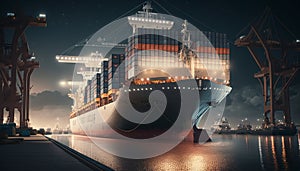 A loaded container cargo ship is seen in the front as docked at the port. Generative AI