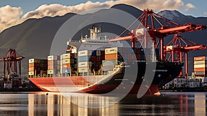 A loaded container cargo ship is seen in the front as docked at the port. Generative AI