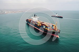 Loaded Container Cargo Ship Speeds Across The Ocean - Generative AI