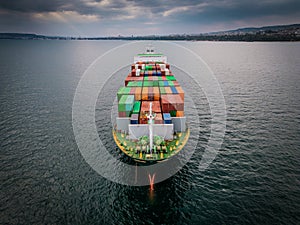 A loaded container ship in the sea, aerial view, concept of international trade and shipping