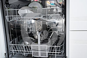 Loaded dishwashing as timesaving house appliance concept photo