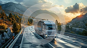 Loaded European truck on motorway in beautiful sunset light.