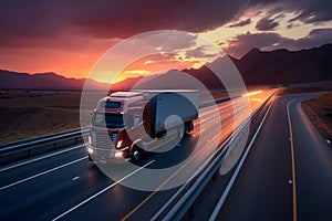 Loaded European truck on motorway in sunset