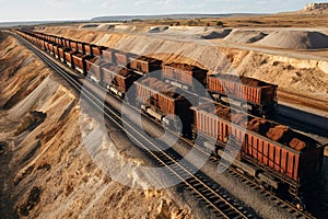 Loaded freight cars with iron ore and coal. Efficient cargo transport by rail. supporting industrial logistics