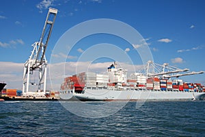 A loaded freighter in port photo