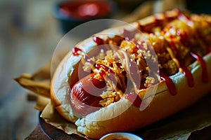 Loaded Hot Dog with Condiments.