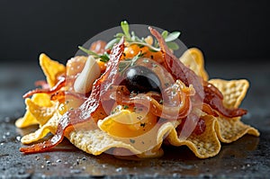 Loaded nachos with bacon, cheese, and olives