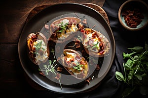 Loaded potato skins baked topped with bacon, green onions and cheddar cheese on a wooden kitchen, generative AI