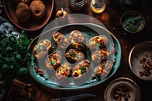 Loaded potato skins baked topped with bacon, green onions and cheddar cheese on a wooden kitchen table, generative AI