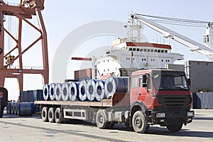 A loaded truck in harbor