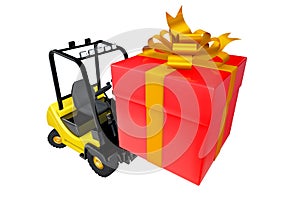 Loader with a box as a gift by a holiday