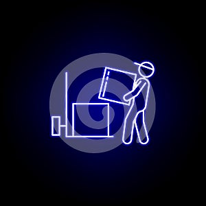 loader box line icon in blue neon style. Set of logistics illustration icons. Signs, symbols can be used for web, logo, mobile app