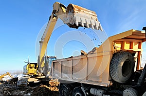 Loader excavator loading earth
