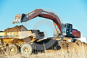 Loader excavator and tipper dumper. earthmoving work