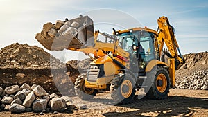 Loader with a front bucket full of large rocks is on a construction