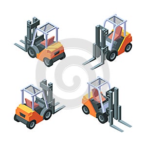 Loader isometric. Manufacturing vehicles trucks with forklift garish vector loading cars illustrations