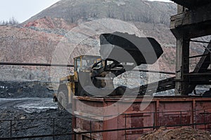 Loader loads coal into rail car photo