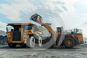 A loader loads ore into a dump truck.