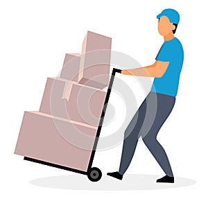 Loader man moving dolly cart flat  illustration