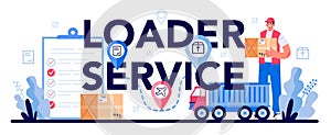 Loader service typographic header. Stevedore in uniform carrying a cargo.