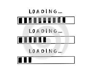 Loading bar doodle vector set. Slow download speed, progress status, internet load bar concept. Hand drawn isolated vector