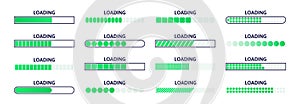 Loading bar. Download progress status, web page loading scale and upload waiting time indicator. Line buffer bars vector set