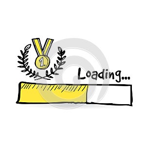 Loading bar with golden medal, laurel wreath. Winner, competition concept. Olympic games, championship. Web icon. Doodle