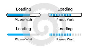 Loading bar point with outline icon set in blue color. Loading please wait symbol icon set in four different styles.