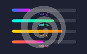 Loading bar set. Color gradient lines on dark backdrop. Progress visualization. Color web design elements. Loading