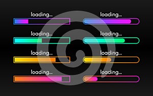 Loading bar set on dark backdrop. Progress visualization. Color gradient lines. Loading status collection. Web design