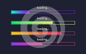 Loading bar set. Web design elements on dark backdrop. Progress visualization collection. Color gradient lines. Loading