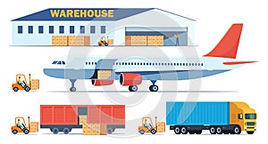 Loading boxes with goods from warehouse into different types of cargo transport. Cargo plane, train, truck and forklift loads