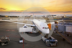 Loading cargo on the plane in airport