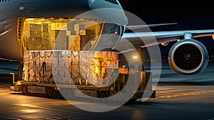 Loading cargo on the plane in airport in the night with Ai Generated