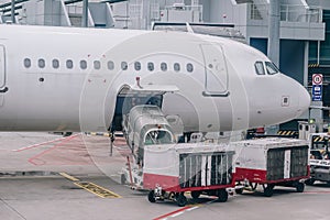 Loading cargo on the plane in airport.