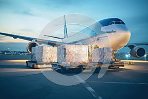 Loading cargo plane outside air freight logistic. Shipping boxes ready to be delivered. Generative AI