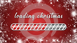 Loading christmas greeting card - white lettering and loading bar on red background framed with white snow flakes and ice stars